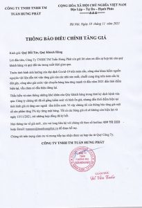 Thông báo tăng giá Tuấn Hưng Phát tháng 11