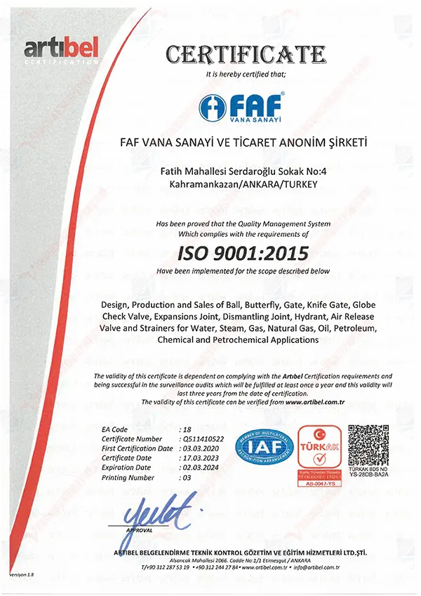 FAF Valve đạt chứng nhận ISO 9001:2015