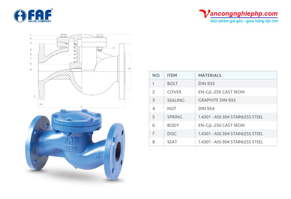 Các bộ phận cấu tạo chi tiết của van 1 chiều chữ ngã FAF 2250
