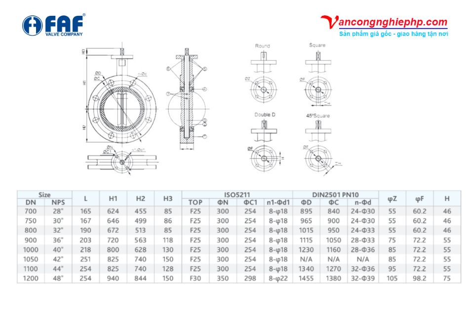 Thông số kỹ thuật chi tiết của van bướm FAF 3800U từ DN700 đến DN1200