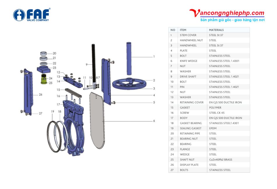 vật liệu cấu tạo van cổng dao faf 6500