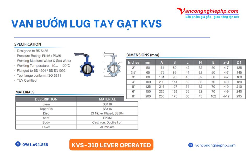 Thông số kỹ thuật chi tiết của van bướm lug tay gạt KVS