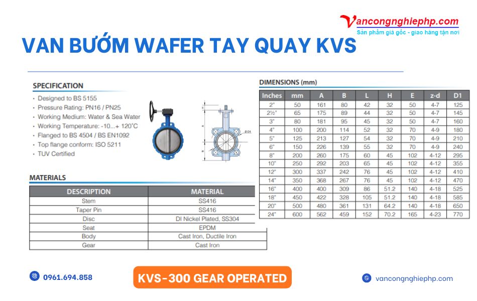 Thông số kỹ thuật chi tiết của van bướm wafer tay quay KVS