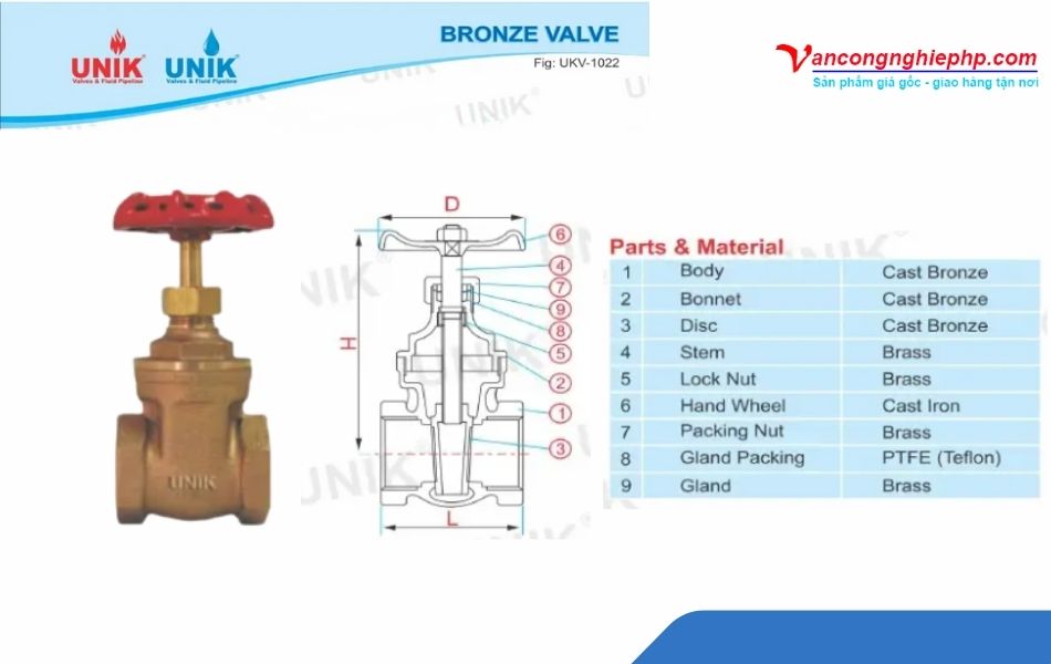 Van cổng đồng bronze - Unik Bronze Gate Valve (Fig. UKV-1022)