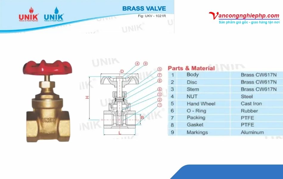 Van cổng đồng thau - Unik Brass Gate Valve (Fig. UKV-1021R)