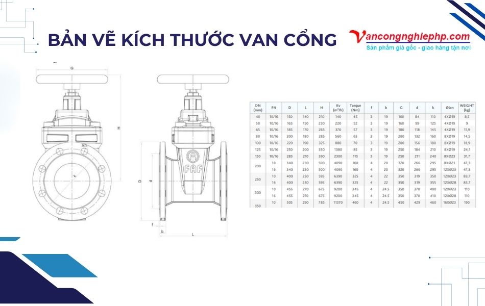 bản vẽ kích thước van cổng